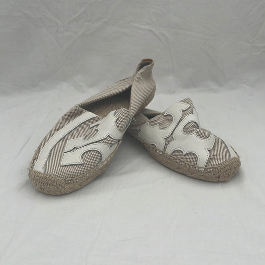 Tori Burch Beige Tweed Espadrilles with Ivory Leather Monogram -- Size 9M