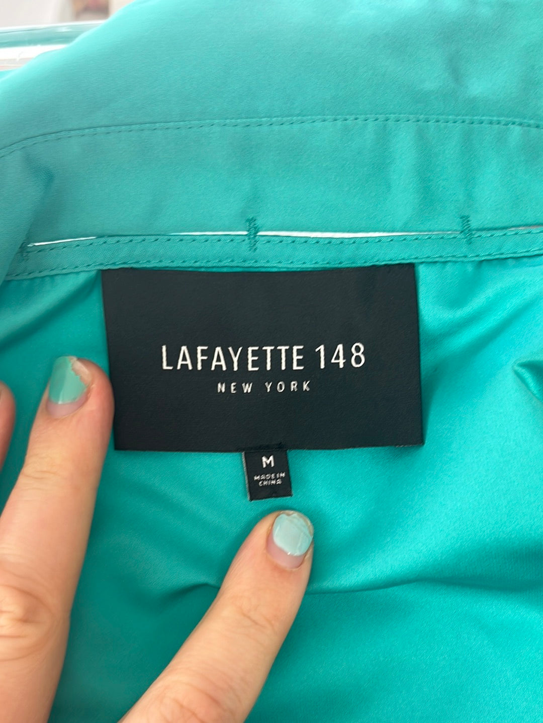 LAFAYETTE 148 teal blue Silk Glossy 3/4 Sleeve Jacket -- M