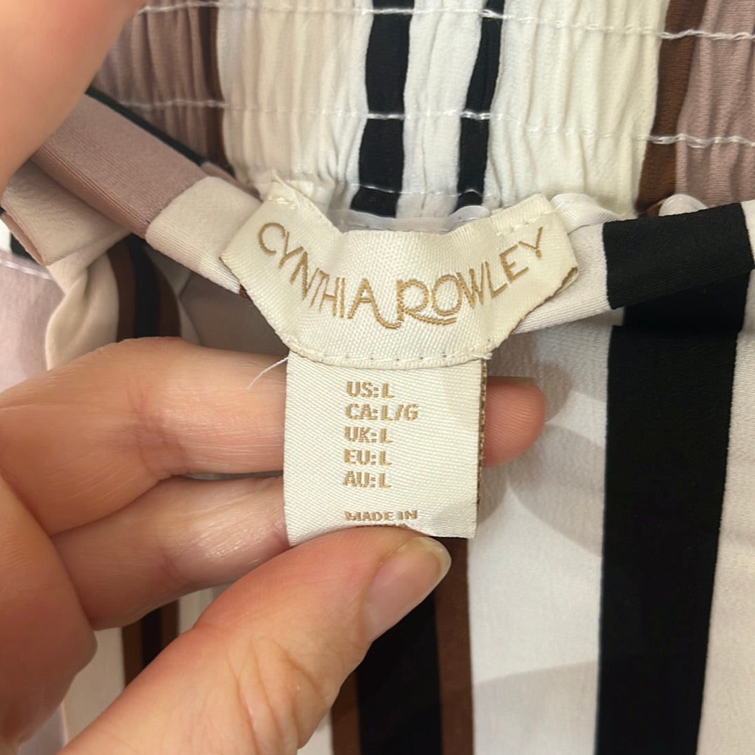 CYNTHIA ROWLEY Black Pink White Stripe Wide Legged Pull On Pants -- L