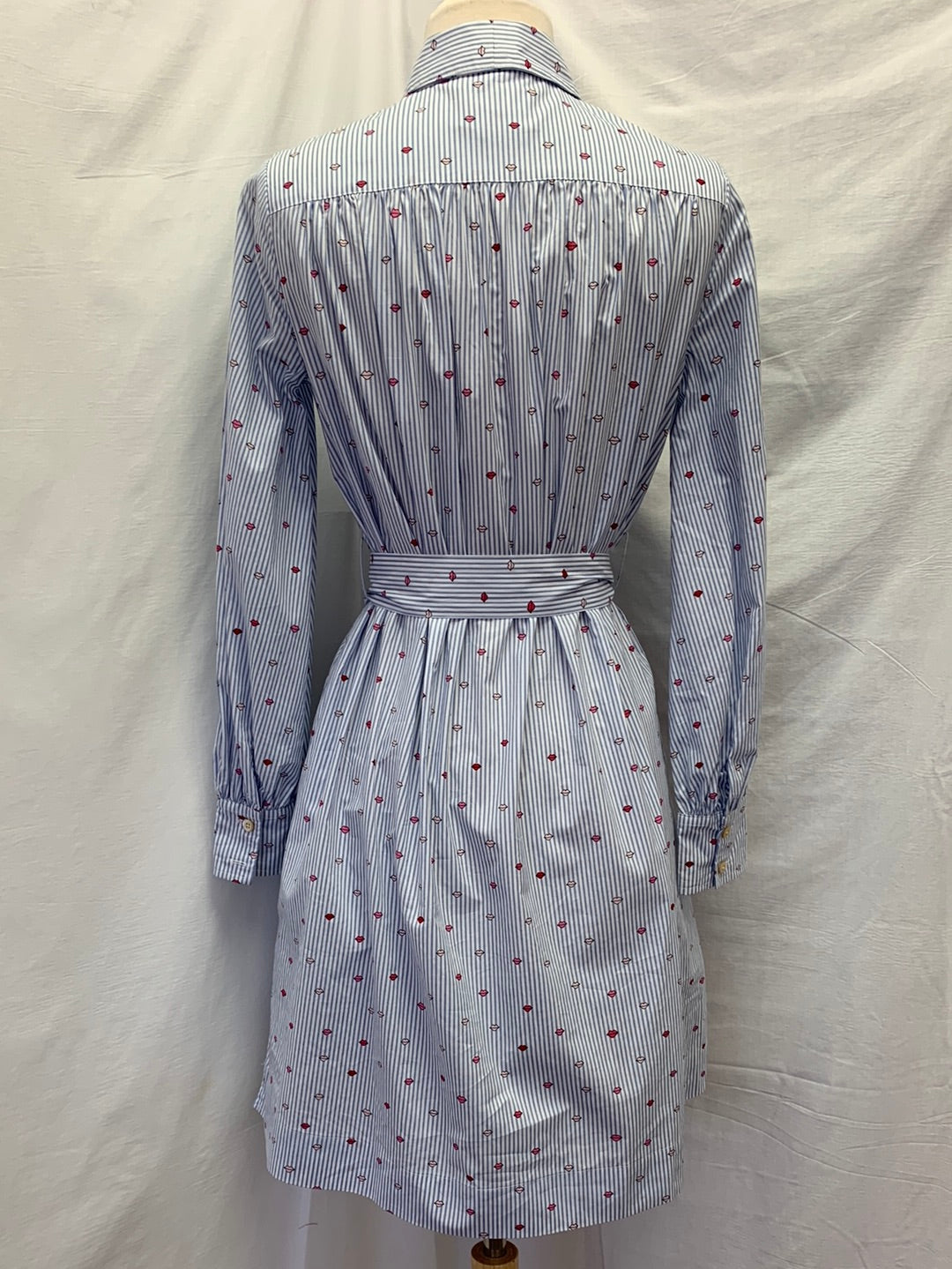 KATE SPADE blue stripe Lip Print Long Sleeve Belted Shirt Dress - XXS