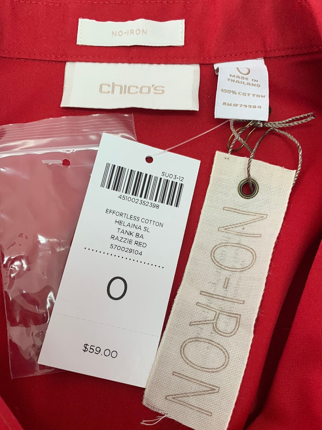NWT - CHICO'S red No-Iron Effortless Cotton Sleeveless Collared Shirt - 0 (S 4/6)