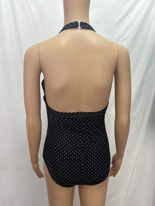 NWT -- SPEEDO Black White Polka Dot One-Piece Halter Swimsuit -- 12