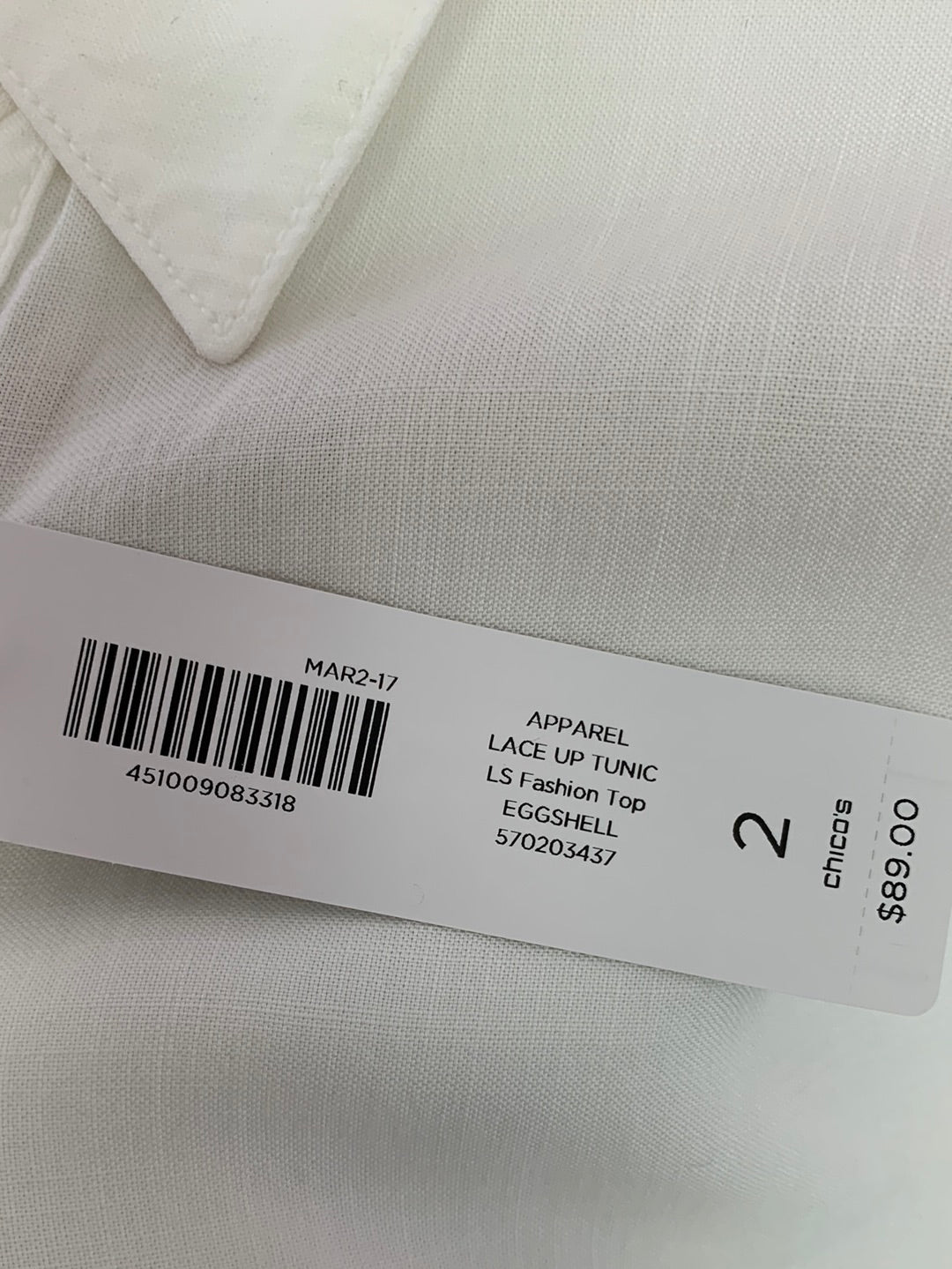 NWT - CHICO'S eggshell white Lyocell Lace Up Tunic Top - 2 | 12/14 L