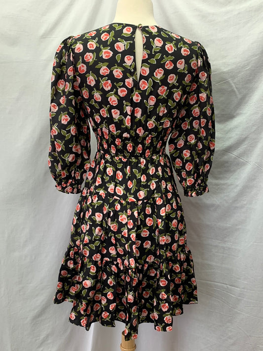 KATE SPADE black pink Ditsy Rose Print 3/4 Sleeve Flirt Dress - XXS