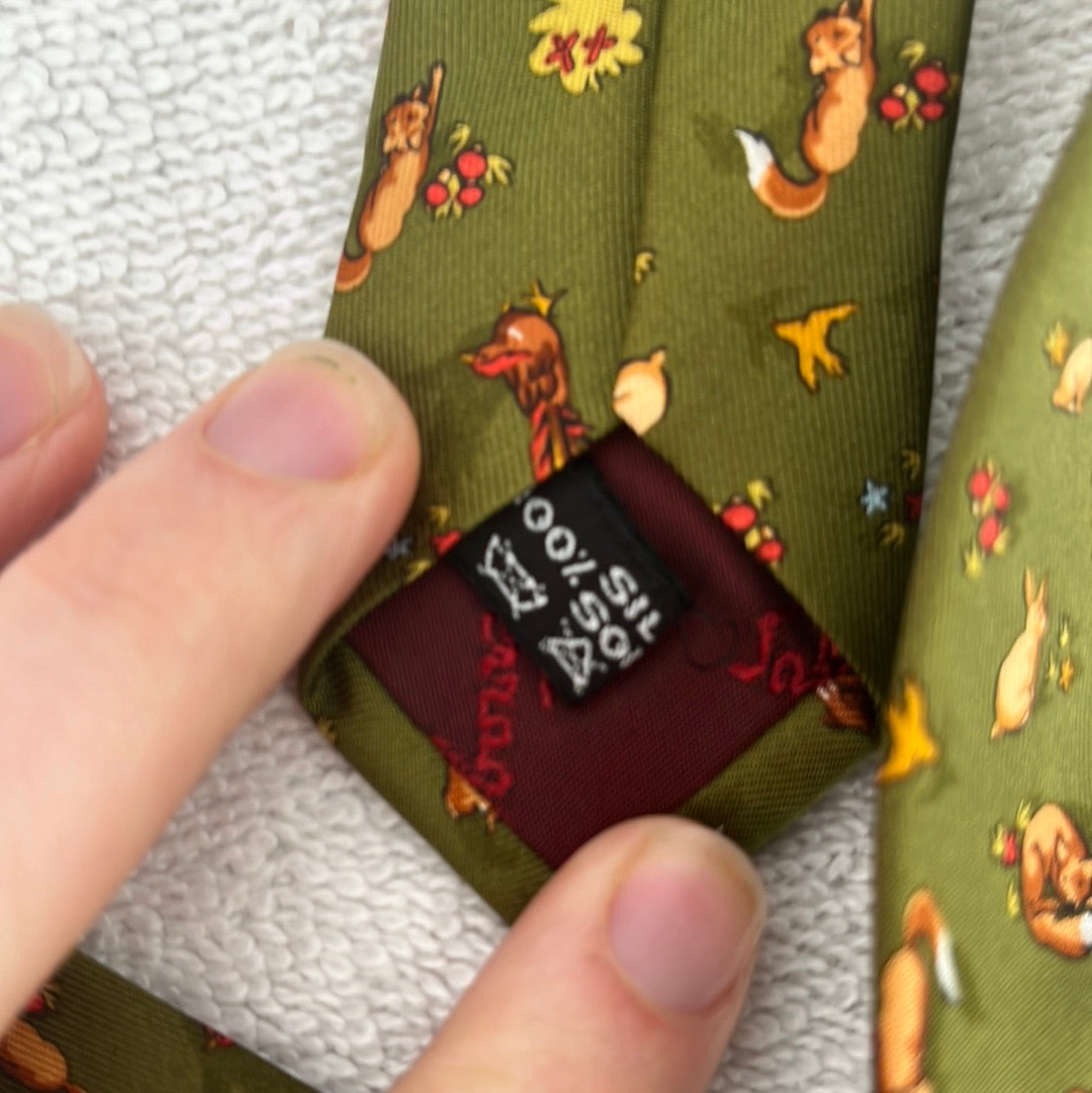 Salvatore Ferragamo Olive Silk Tie with Tesselating Wildlife Pattern