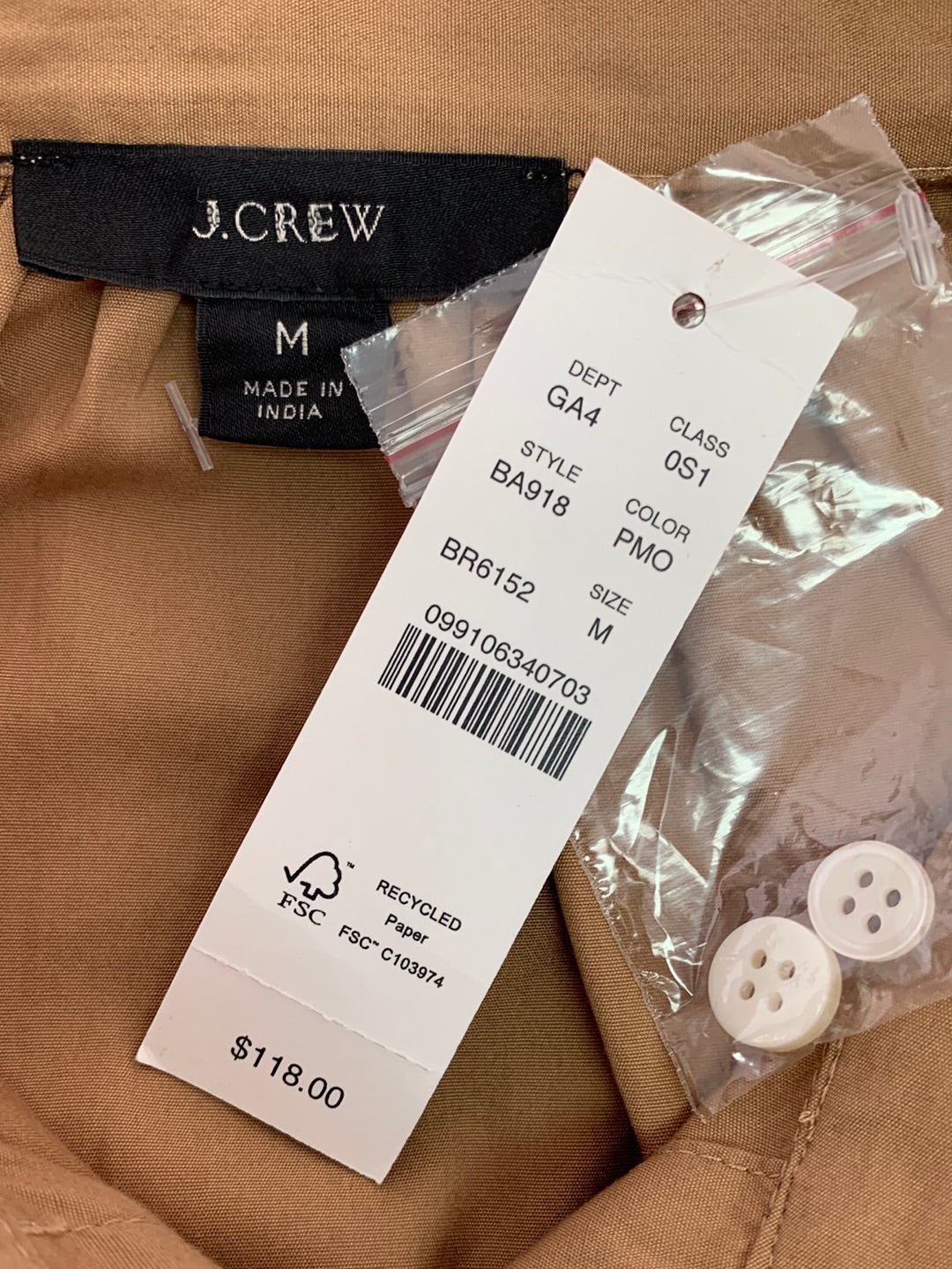 NWT - J CREW dark khaki Puff Sleeve Poplin Mini Shirt Dress - Medium