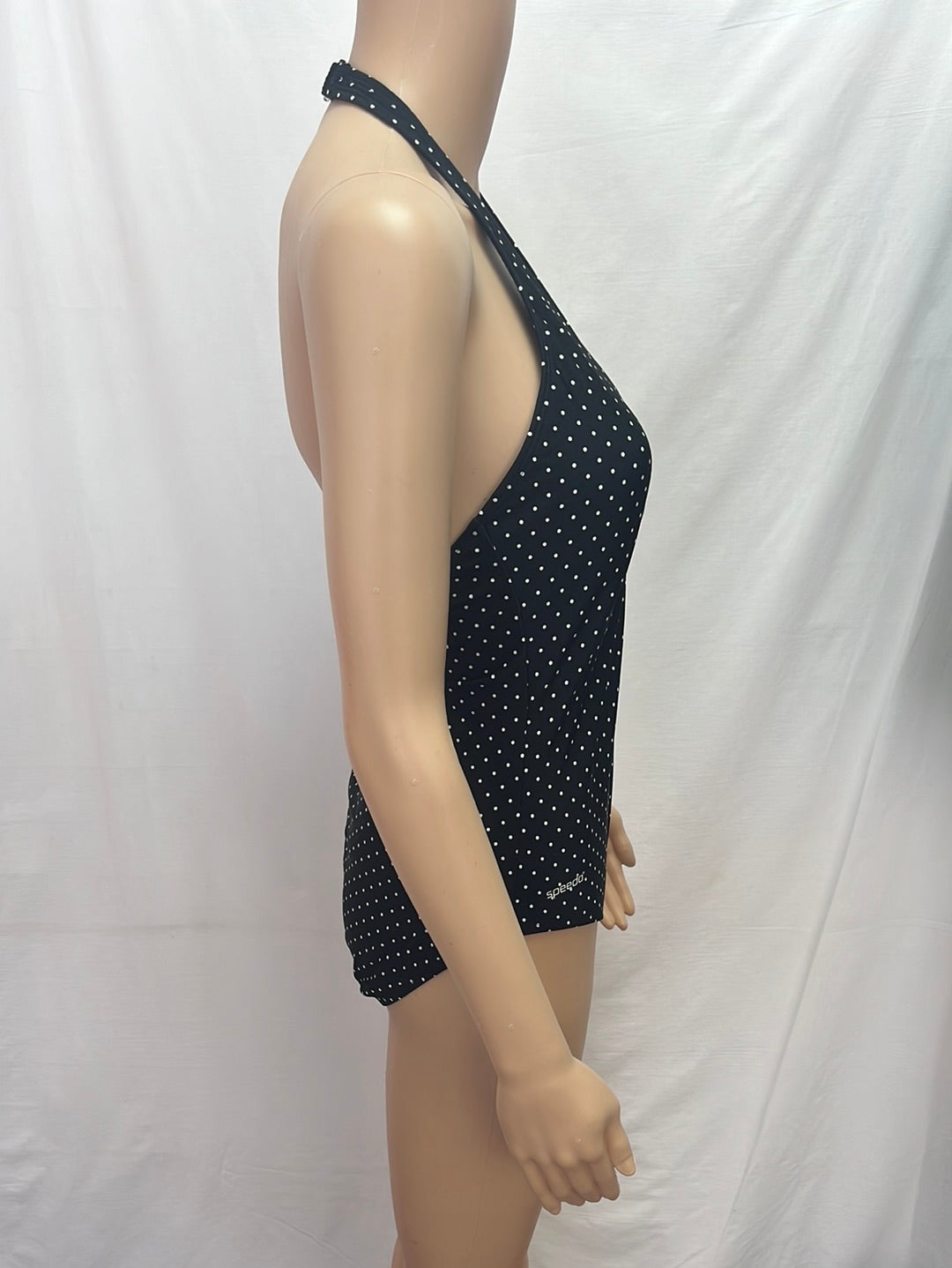 NWT -- SPEEDO Black White Polka Dot One-Piece Halter Swimsuit -- 12