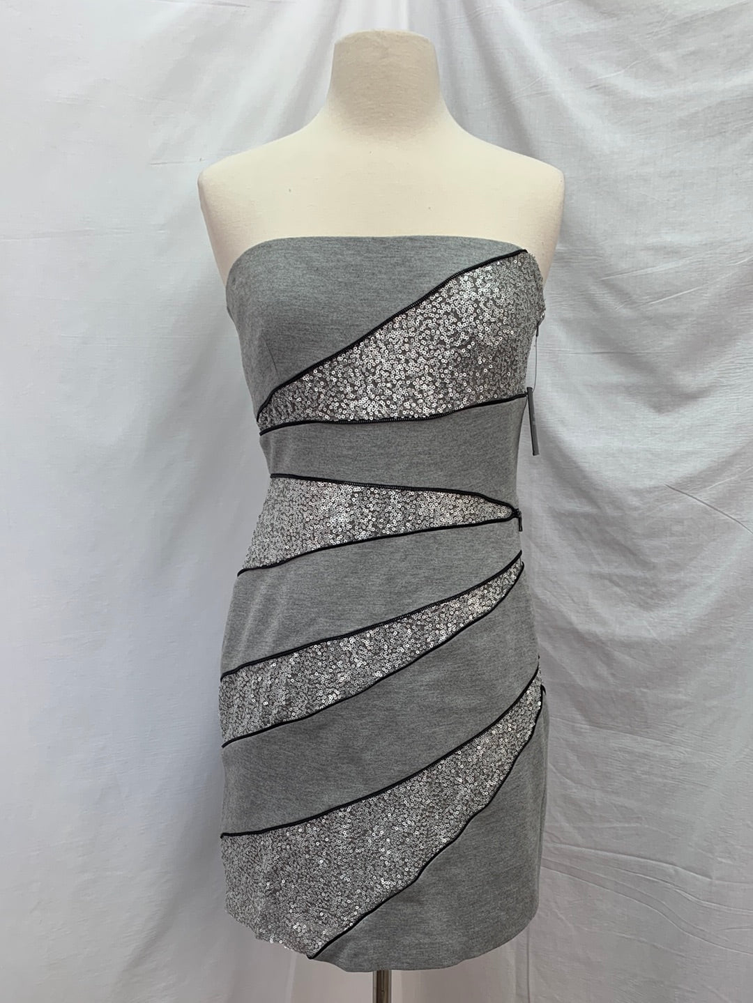 NWT - ROBERT RODRIGUEZ gray silver Zipper Sequin Strapless Dress - 4