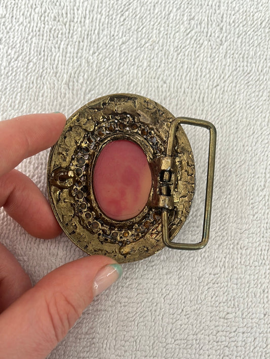 VTG -- Handmade Unmarked Brass Carnelian Cameo Belt Buckle with Amber Inlays