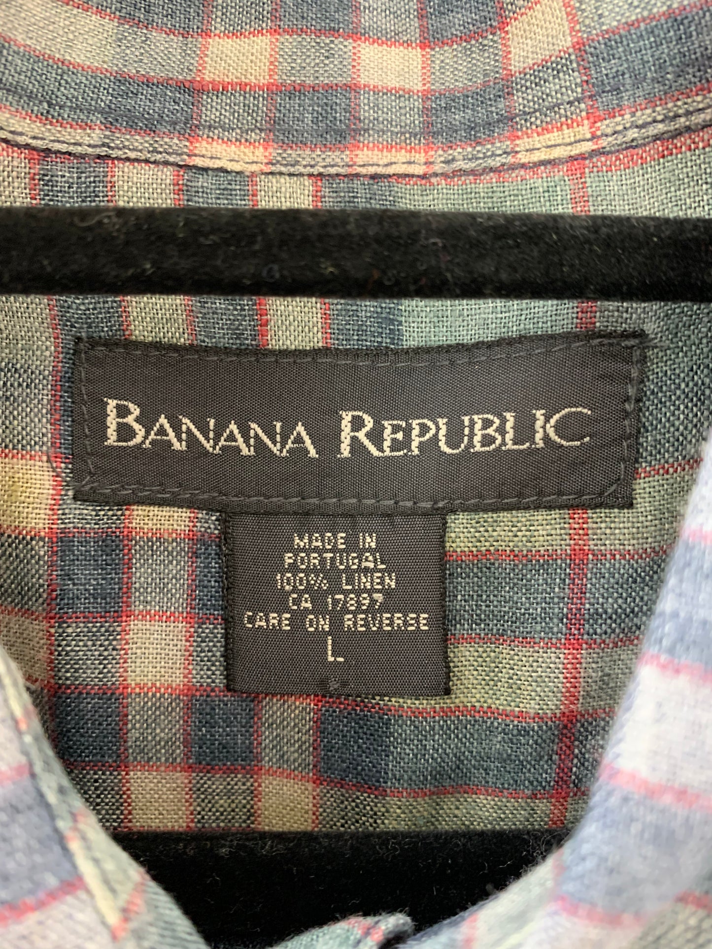 BANANA REPUBLIC blue plaid LINEN Button Down Long Sleeve Shirt - Large