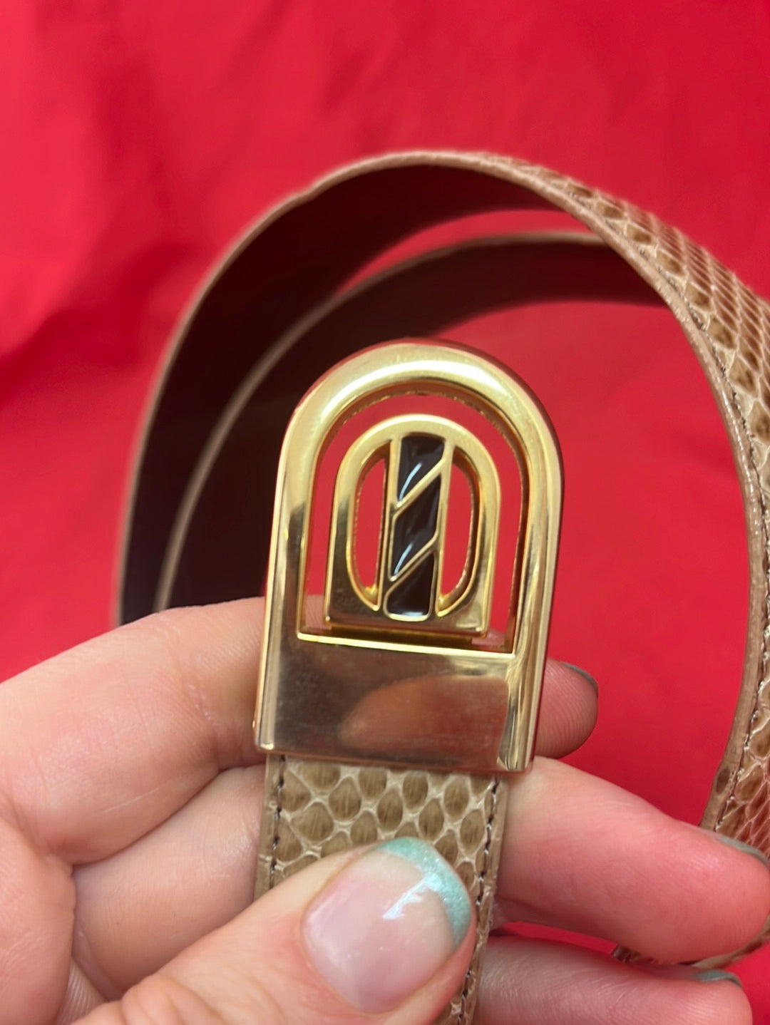 VTG -- Olive Snakeskin on Leather Thin Belt with Retro Buckle