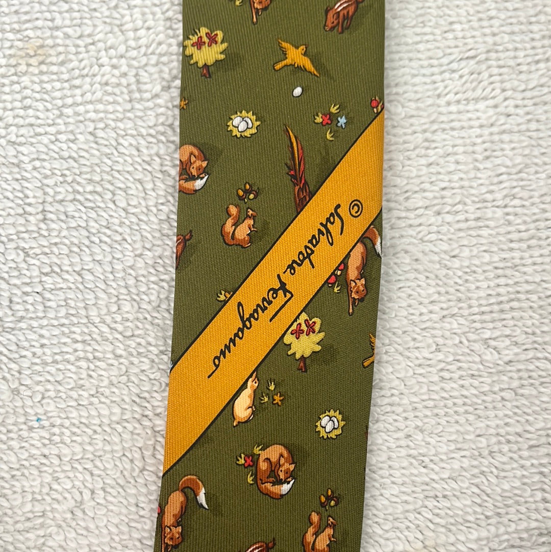 Salvatore Ferragamo Olive Silk Tie with Tesselating Wildlife Pattern