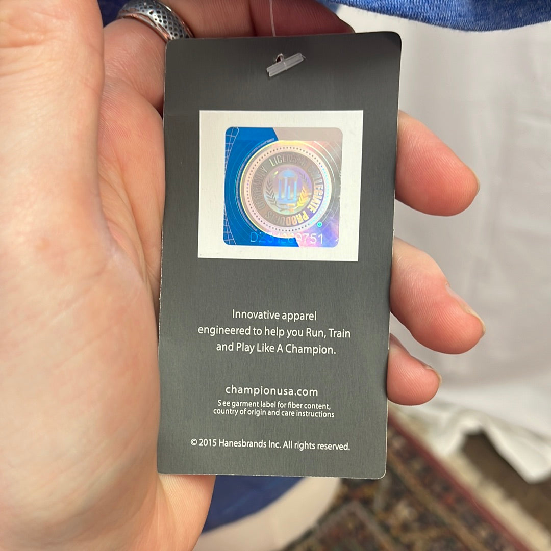 NWT -- CHAMPION blue Kansas Jayhawks V-Neck Shirt -- L