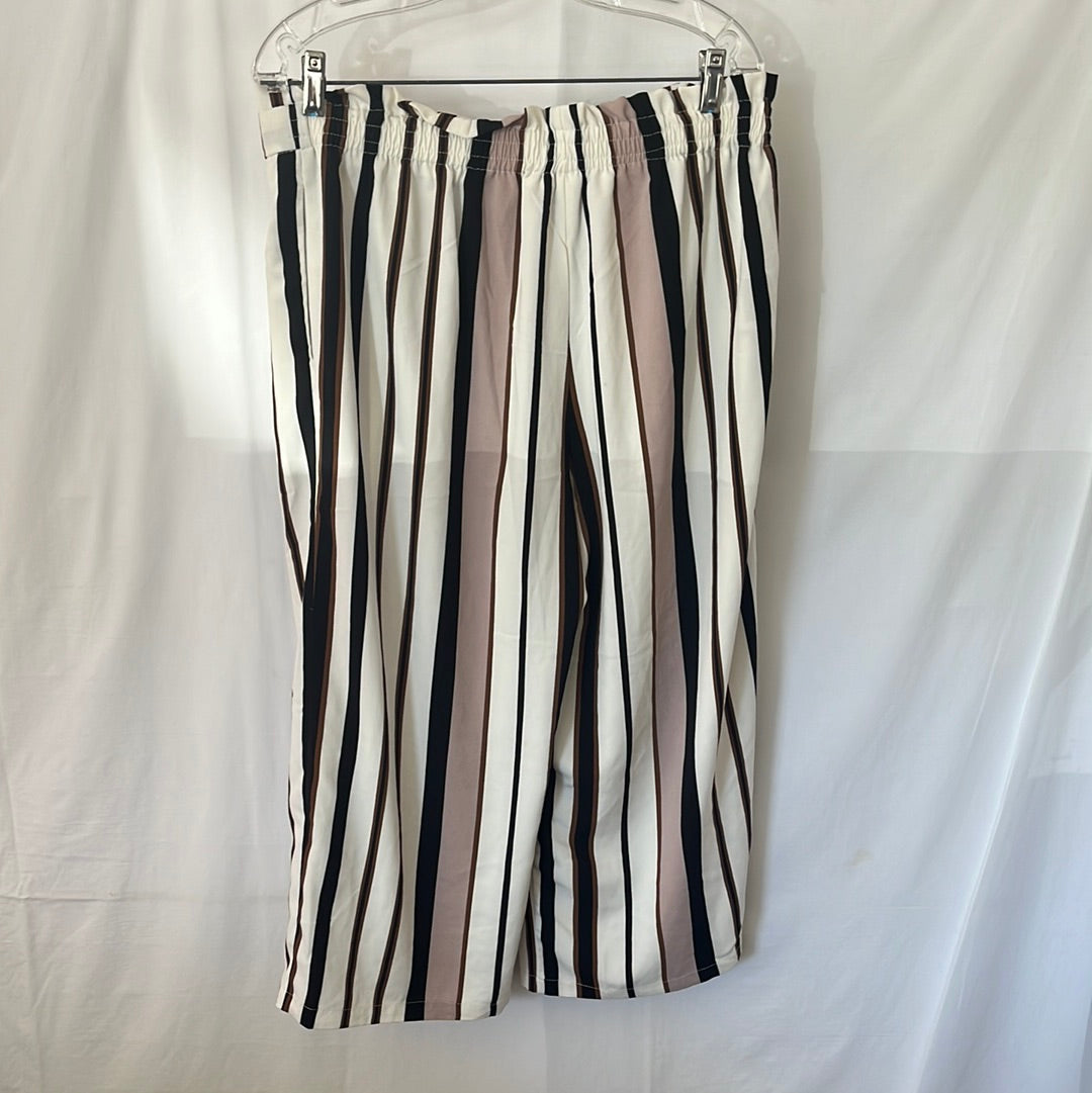 CYNTHIA ROWLEY Black Pink White Stripe Wide Legged Pull On Pants -- L