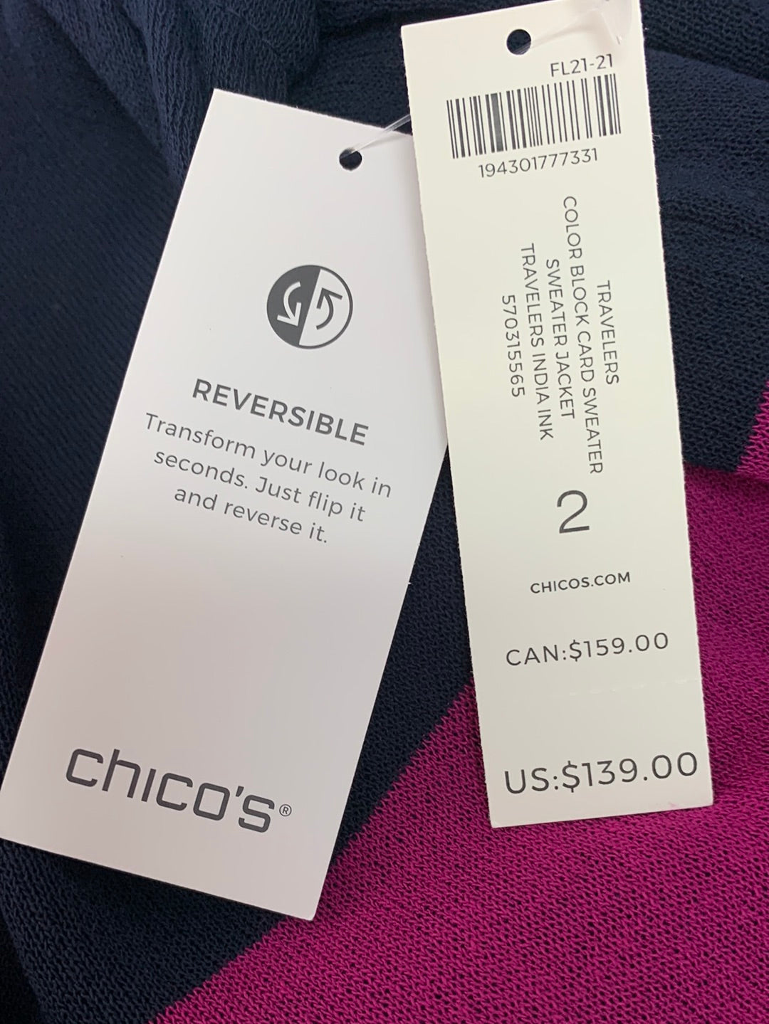 NWT - CHICO'S TRAVELERS navy fuchsia Color Block Sweater Cardigan - 2 (L 12/14)