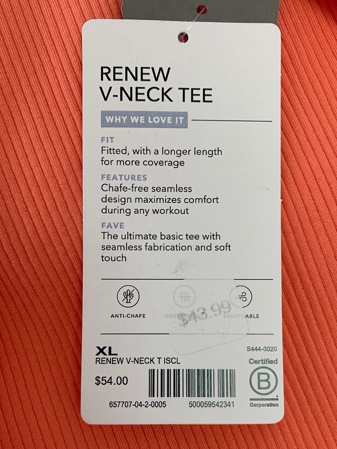 NWT - ATHLETA island coral Renew V-Neck Short Sleeve Tee - XL