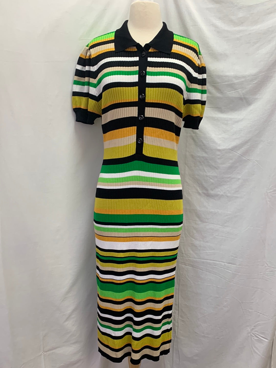 NEW YORK & COMPANY yellow stripe Short Sleeve Ribbed Midi Bodycon Dress - XL