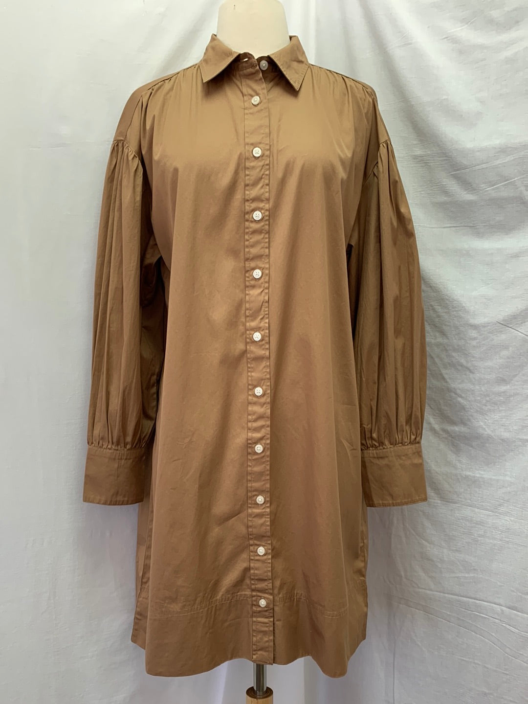NWT - J CREW dark khaki Puff Sleeve Poplin Mini Shirt Dress - Medium
