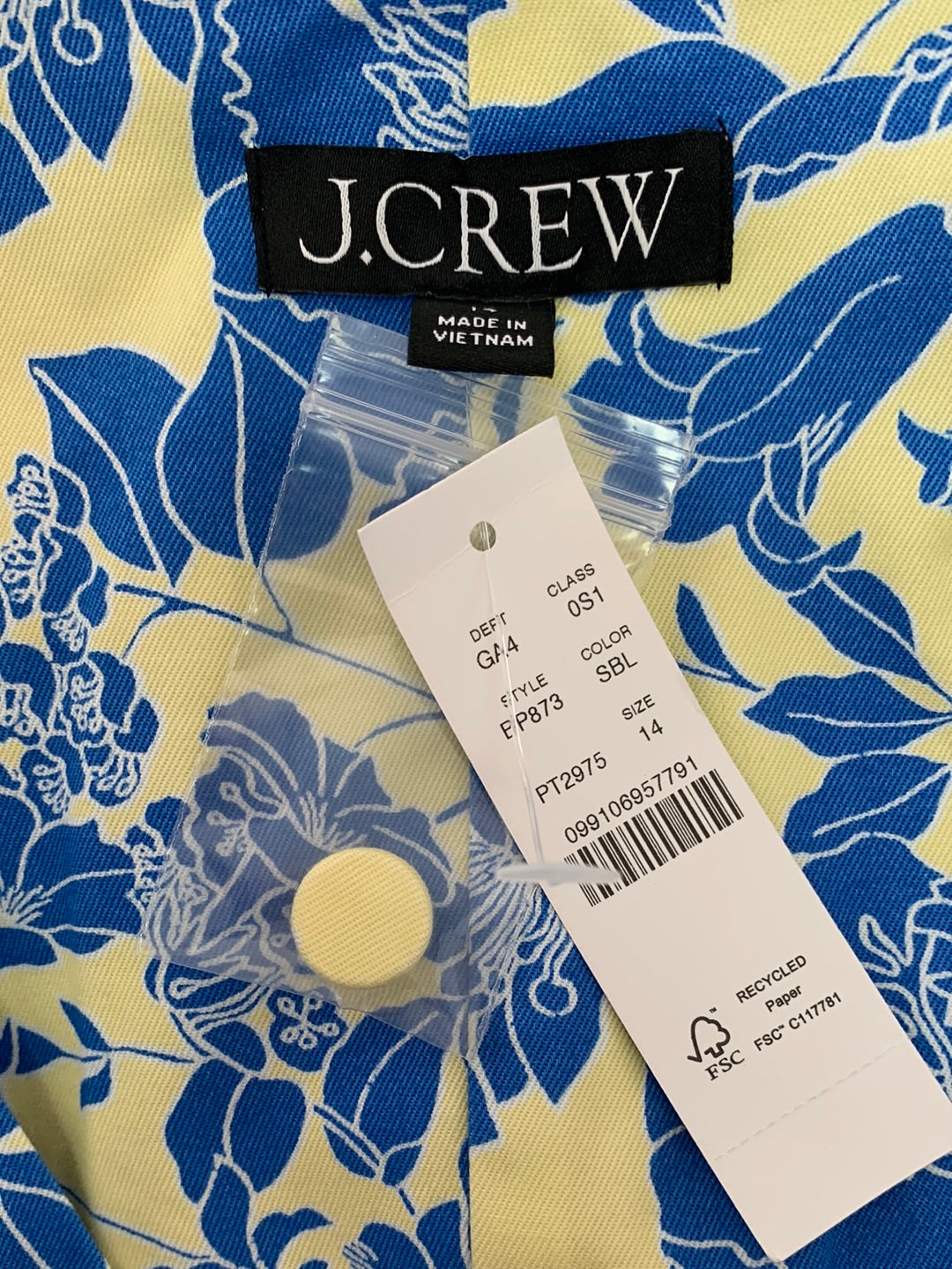 NWT - J CREW blue floral Twill Button-Front Puff-Sleeve Mini Dress - 14