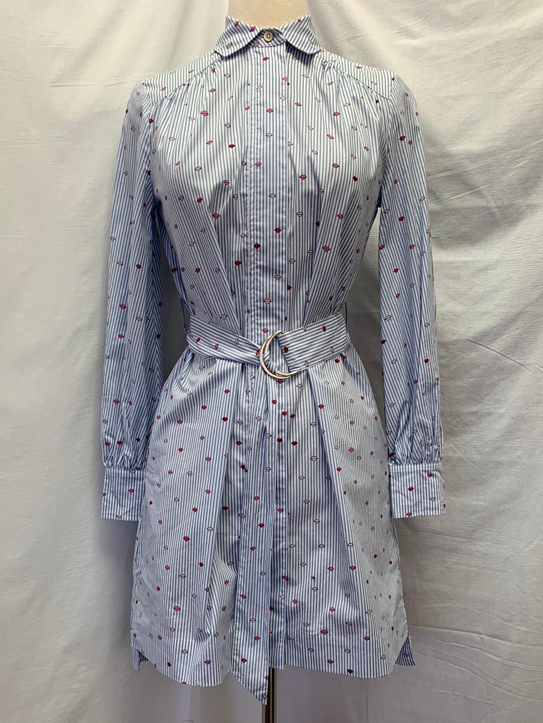 KATE SPADE blue stripe Lip Print Long Sleeve Belted Shirt Dress - XXS