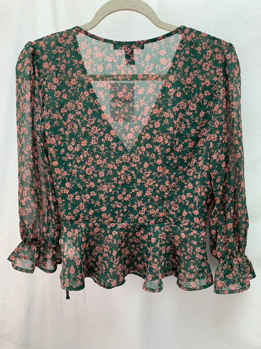NWT - FOREVER 21 green pink floral Ruffle Boho Wrap Shirt - L