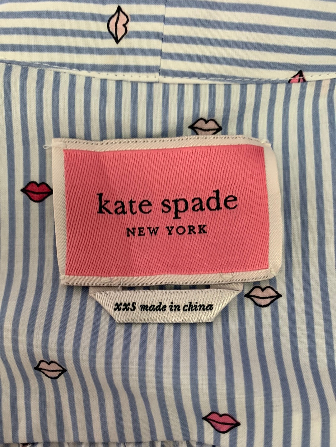 KATE SPADE blue stripe Lip Print Long Sleeve Belted Shirt Dress - XXS