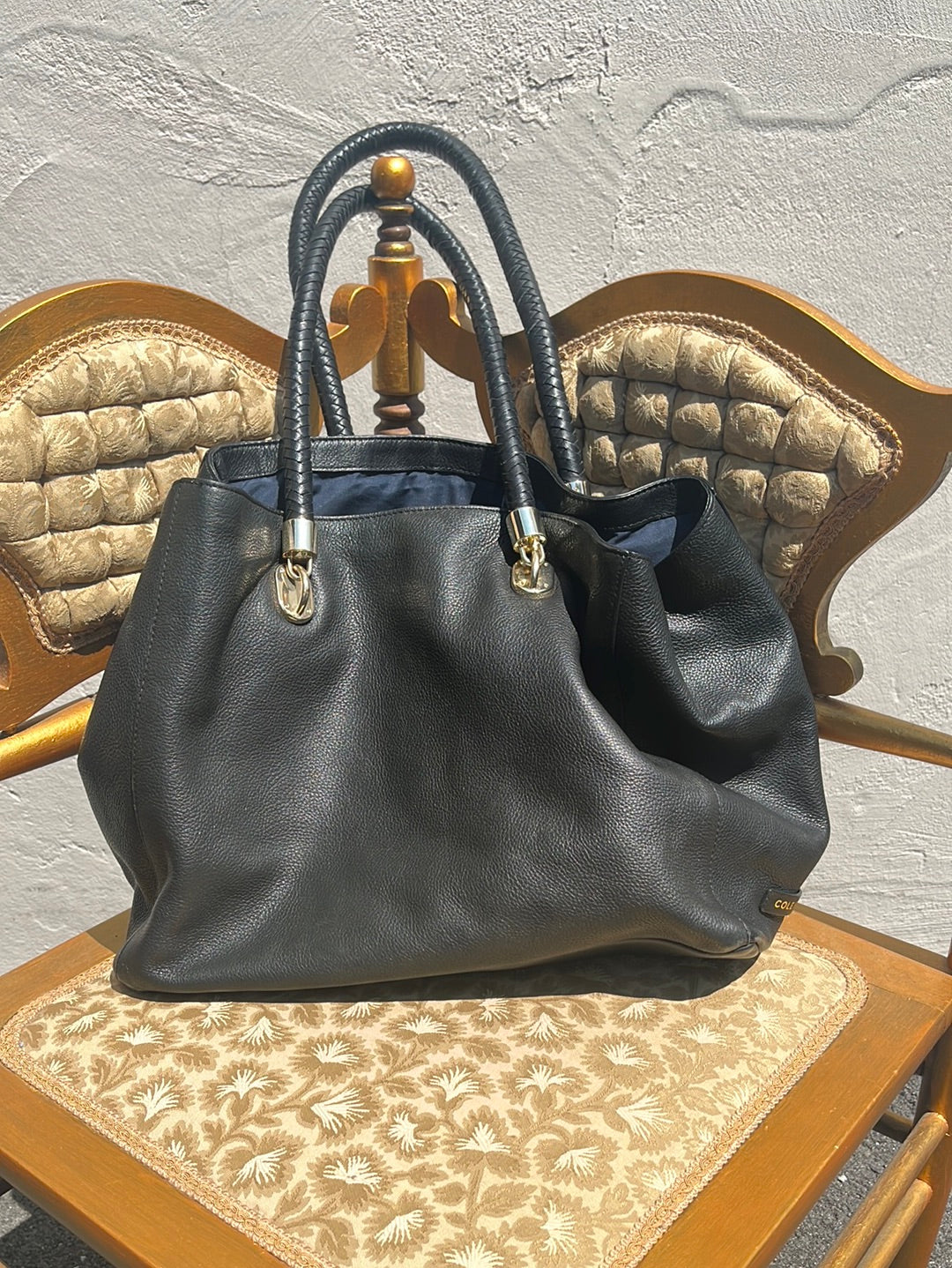 COLE HAAN -- Black Pebbled Leather Shoulder Bag