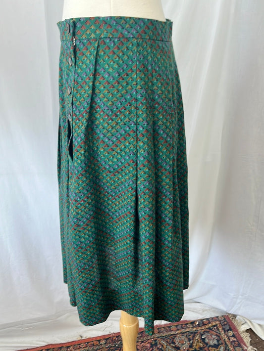 VTG -- JAEGER green multi print Wool Pleated Midi Skirt -- 12