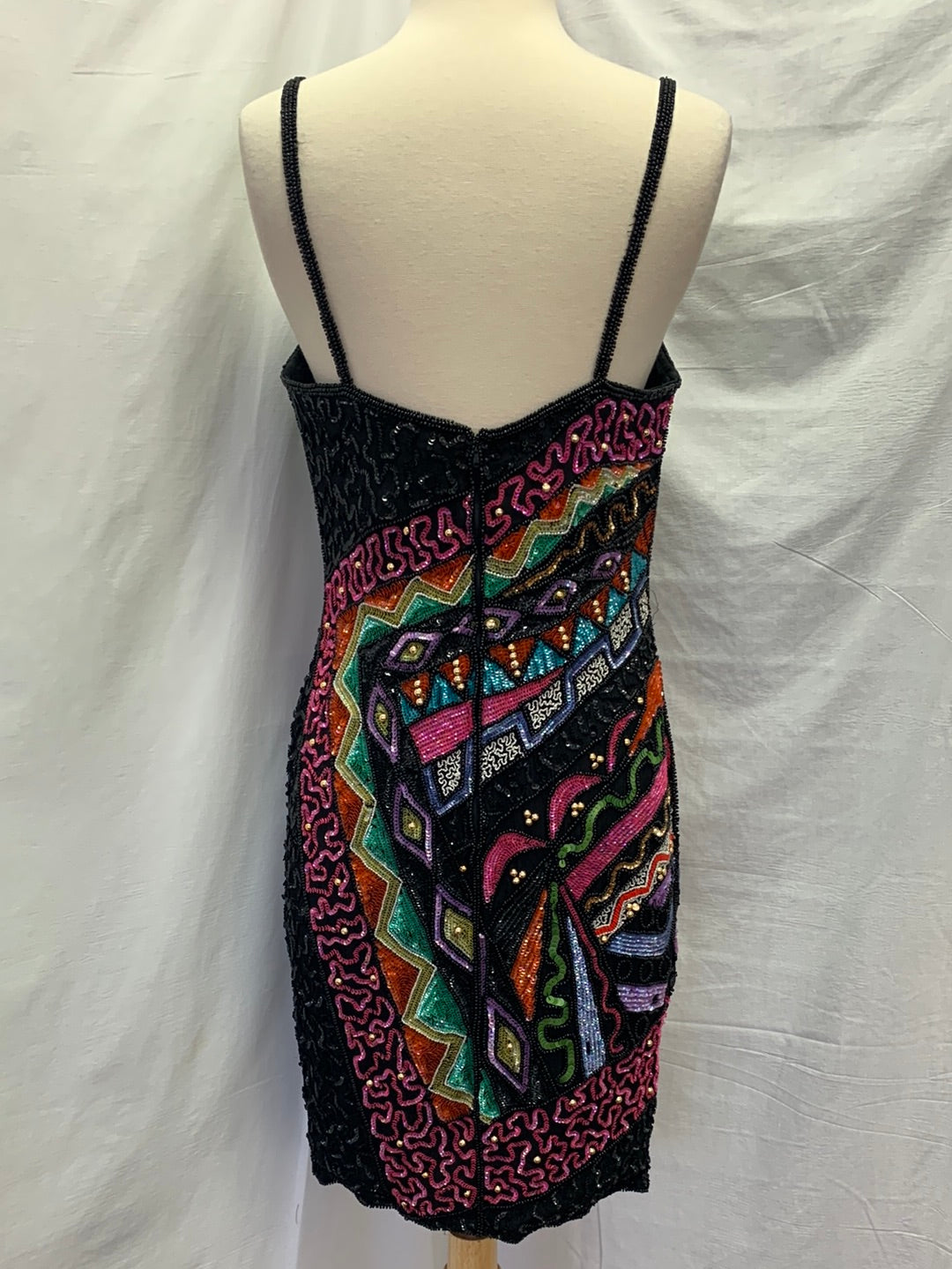 NWD - TOGETHER! black multi-color Sequin Bead 80s SILK Bodycon Dress - 8