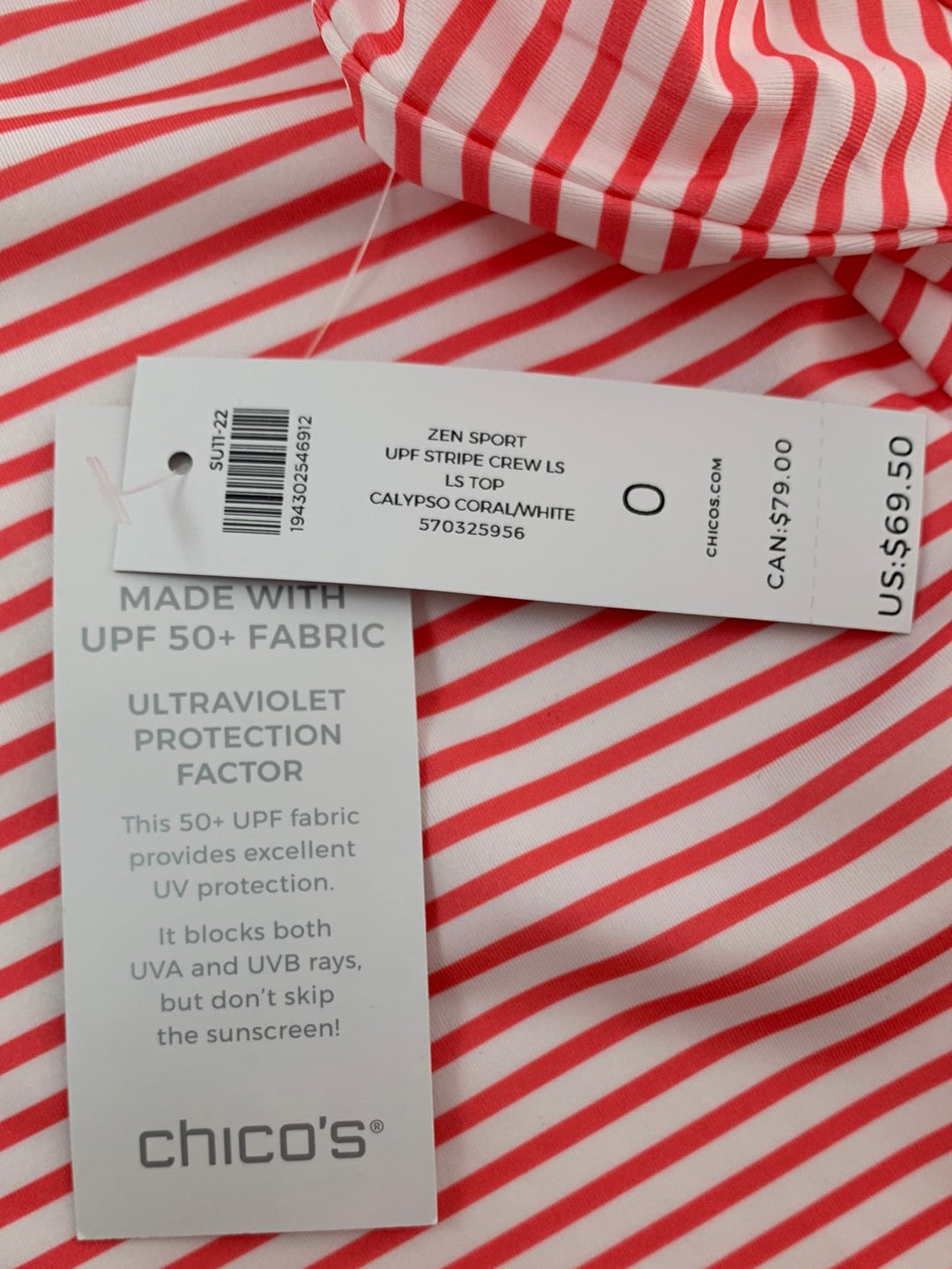 NWT - CHICO'S coral stripe ZENERGY UPF 50+ Crew Shirt - 0 | US 4/6 S