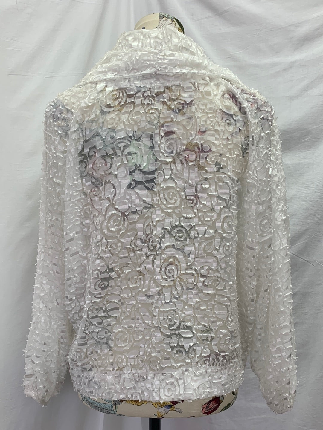 NWT - DAMEE INC white print Sheer Textured Puff Sleeve Jacket - Medium