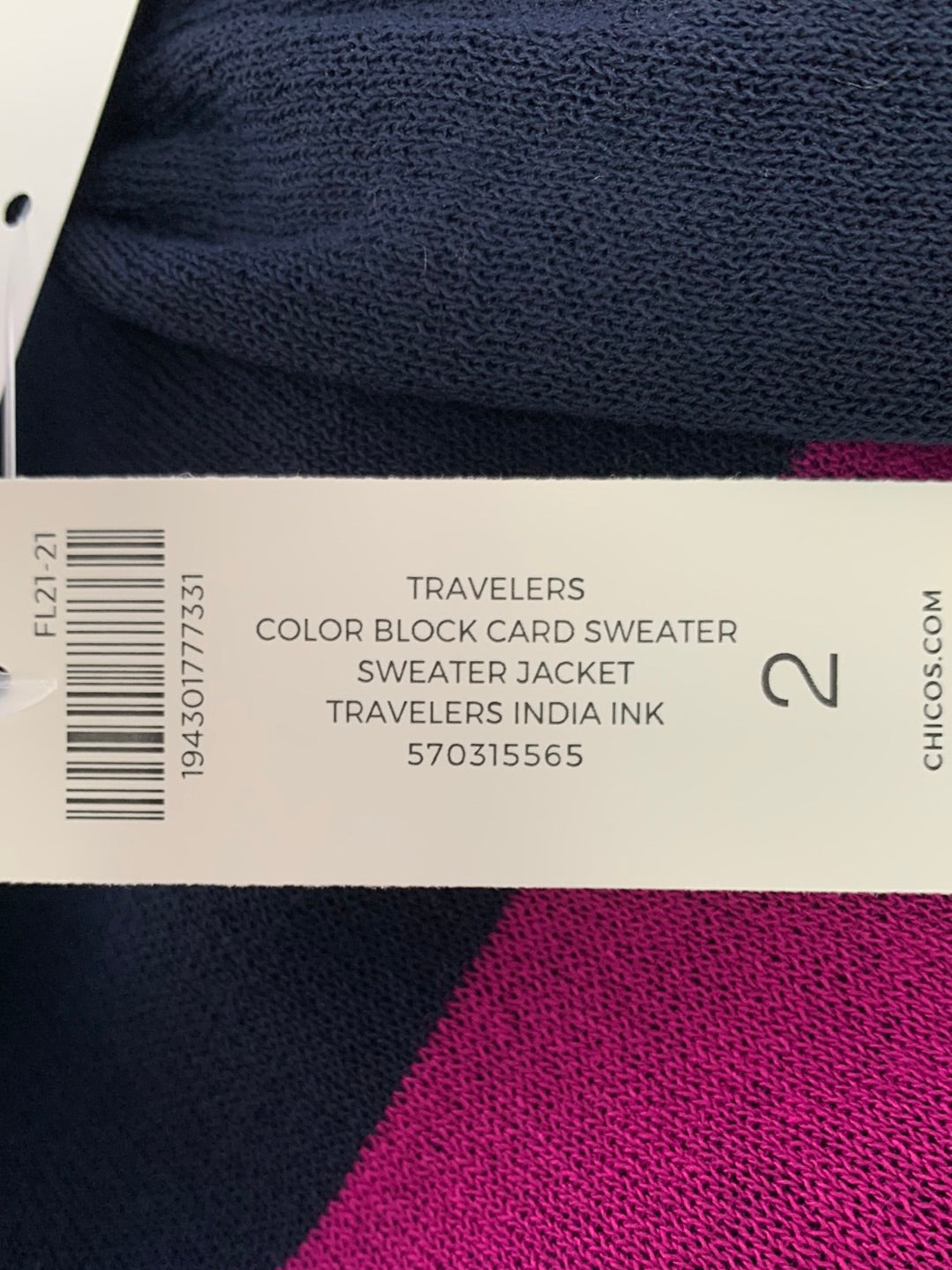 NWT - CHICO'S TRAVELERS navy fuchsia Color Block Sweater Cardigan - 2 (L 12/14)