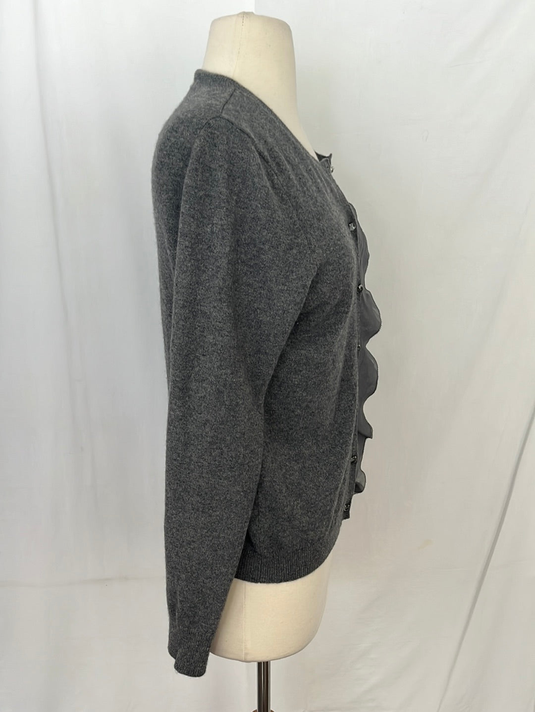 ANN TAYLOR Women's Grey Cashmere Cardigan w/ Rhinestone Buttons and Ruffle Trim -- Size S