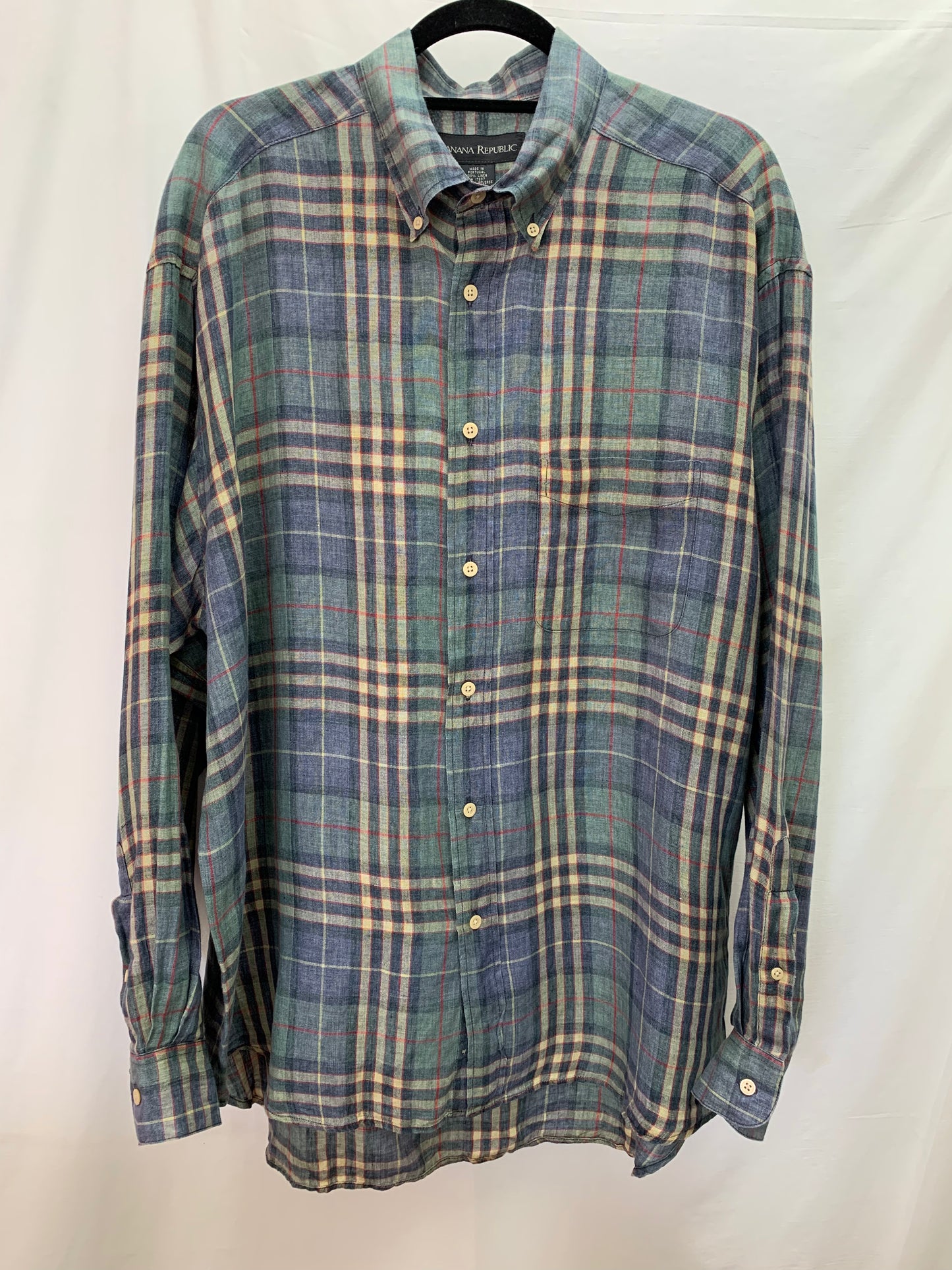 BANANA REPUBLIC blue plaid LINEN Button Down Long Sleeve Shirt - Large