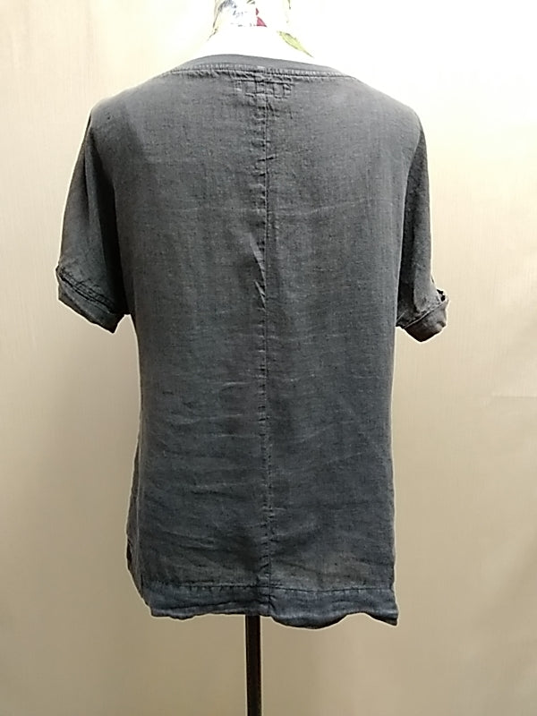 FLAX Charcoal Gray Linen Relaxed Blouse Short Sleeve Lightweight Casual Everyday Shirt - Small