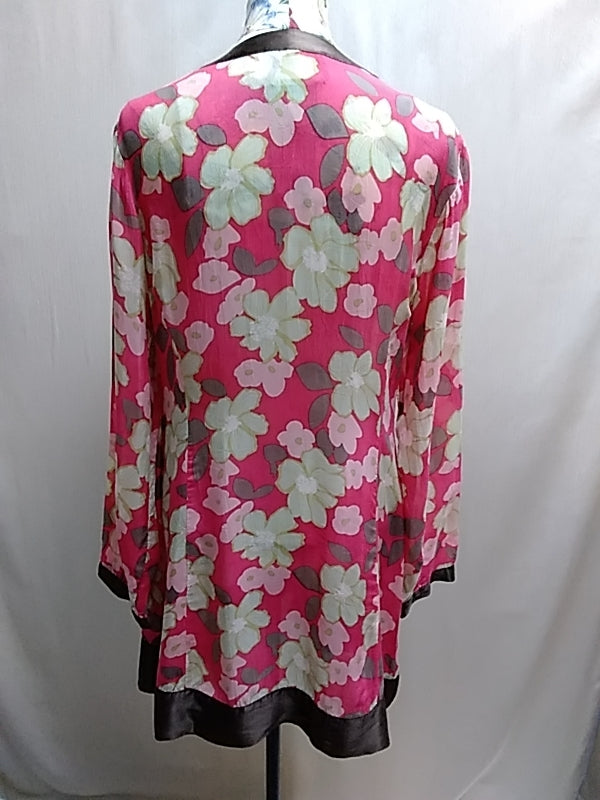 JOHNNY WAS pink brown Floral Long Sleeve Kimono Style Cover Up Top - Size: M