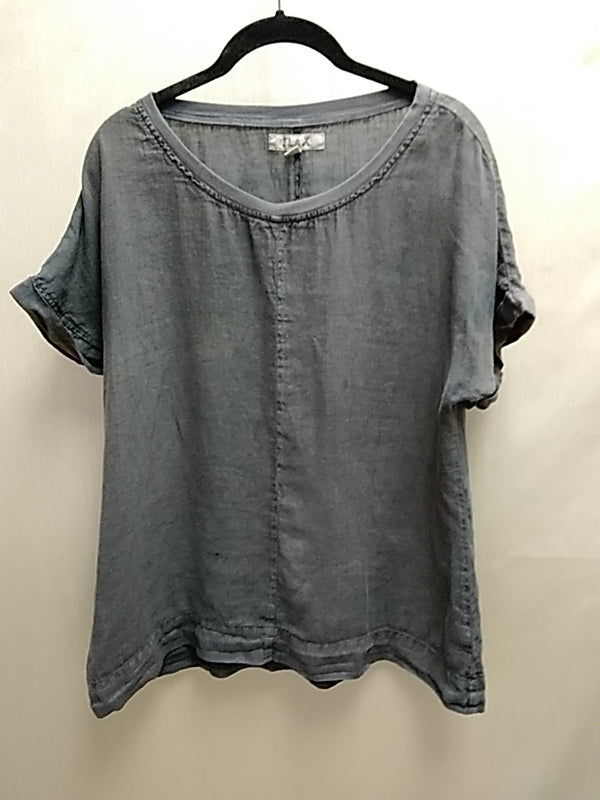 FLAX Charcoal Gray Linen Relaxed Blouse Short Sleeve Lightweight Casual Everyday Shirt - Small