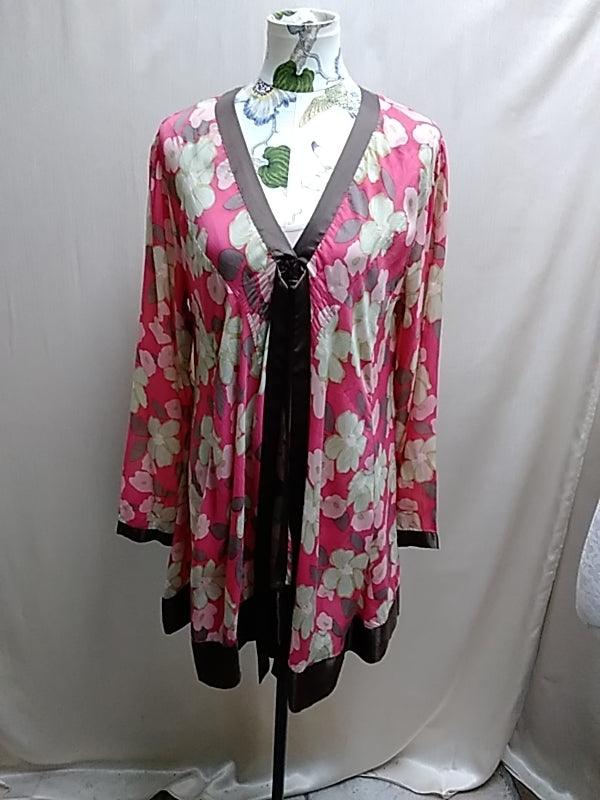 JOHNNY WAS pink brown Floral Long Sleeve Kimono Style Cover Up Top - Size: M