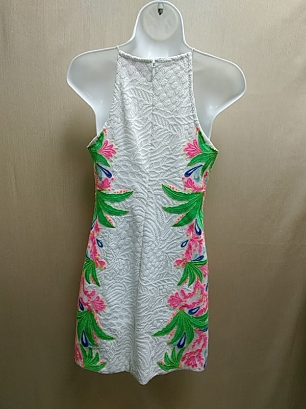 LILLY PULITZER - White Laced Shift Dress with Multi-Colored Embroidered Floral Design Size 2