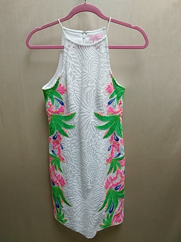 LILLY PULITZER - White Laced Shift Dress with Multi-Colored Embroidered Floral Design Size 2