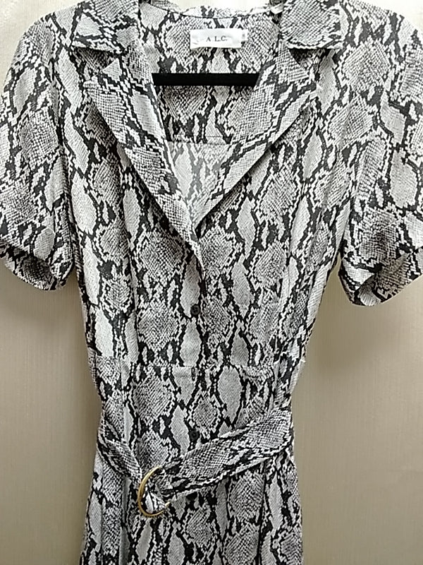 ALC Clarkson Women's 100% Silk Snake Print Drop Waist Midi Dress Modern Tailored Size 10