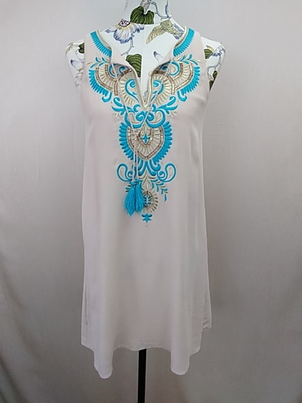 LILLY PULITZER Beige Turquoise Gold Embroidered Beaded Camilla V-Neck Shift Dress - S
