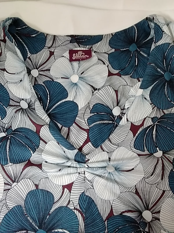 SALAAM Dark Teal Floral Print Short Sleeve Dress - Size: L