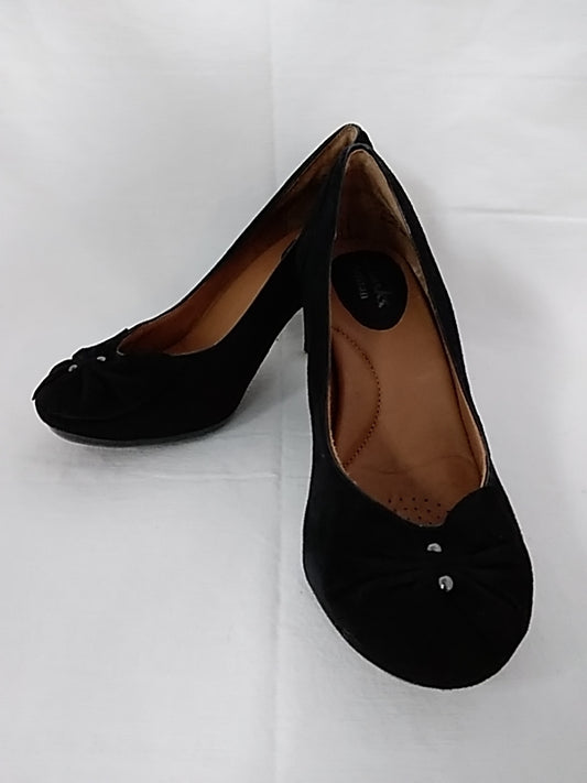 CLARKS Womens Society Ball Black Suede Bow Pumps Comfort Heels - Size: 5
