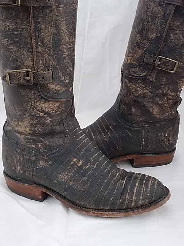 LUCCHESE Women's Brown Equestrian Riding Tall Buckle Cowboy Boots Handmade Leather - Size 7.5