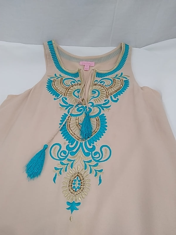 LILLY PULITZER Beige Turquoise Gold Embroidered Beaded Camilla V-Neck Shift Dress - S