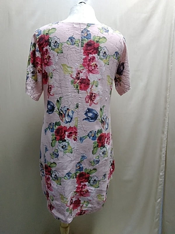 SAGA Blush Pink with Floral Print Linen Dress - Size: XL