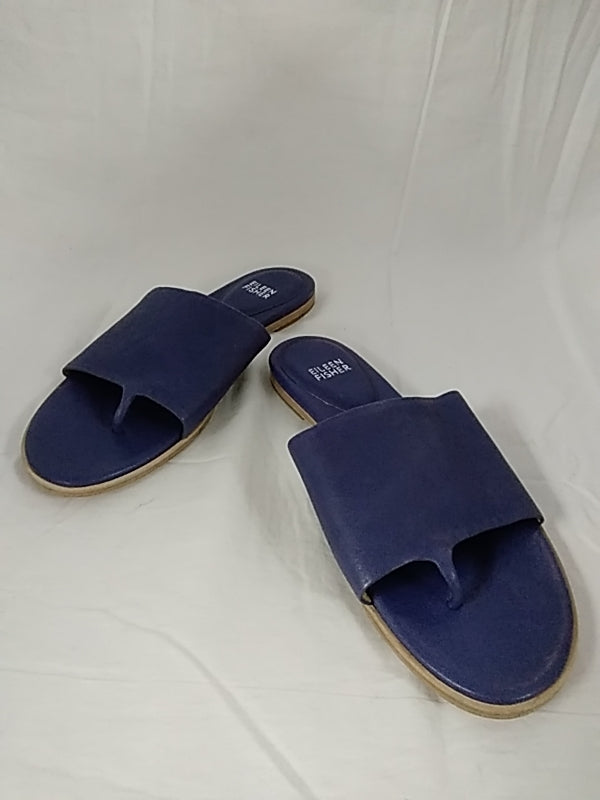 EILEEN FISHER Sandals Women’s Sz 8.5 Tumbled Leather Bluberry Blue Thong Strap Slide Flat Shoes