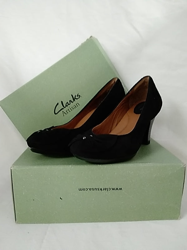 CLARKS Womens Society Ball Black Suede Bow Pumps Comfort Heels - Size: 5