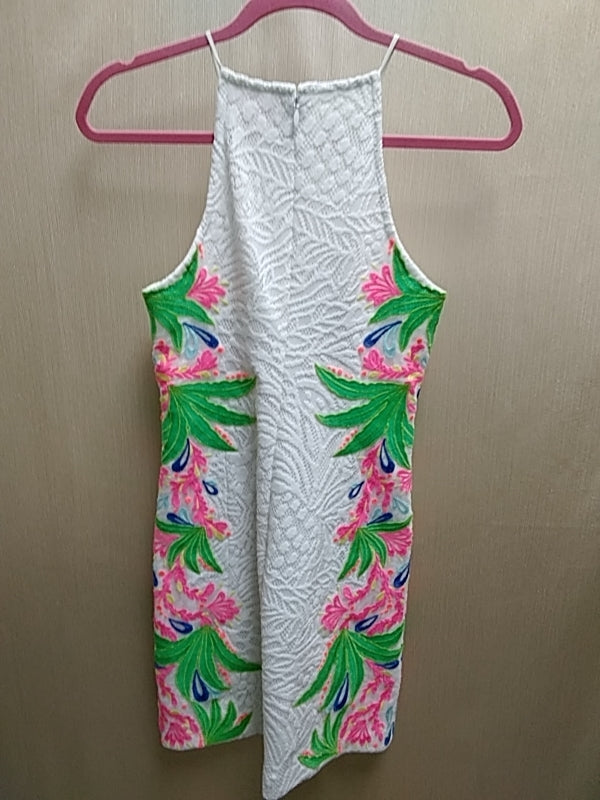 LILLY PULITZER - White Laced Shift Dress with Multi-Colored Embroidered Floral Design Size 2